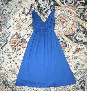 French Connection 2 Blue Solid V-Neck Strappy Sleeveless Tie Waist Midi Dress
